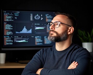 A thoughtful man in glasses poses in front of a dark screen displaying data, reflecting a professional environment centered around analytics and technology.