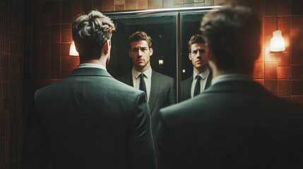 A man in a suit, standing in front of a mirror reflecting different versions of himself, symbolizing self-discovery
