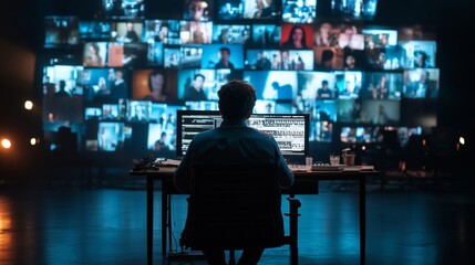 Video editor working at desk with large video wall.