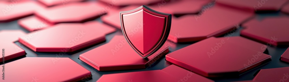 Leinwandbilder A glossy red shield stands prominently on a hexagonal pattern, symbolizing protection and security in a modern digital context.