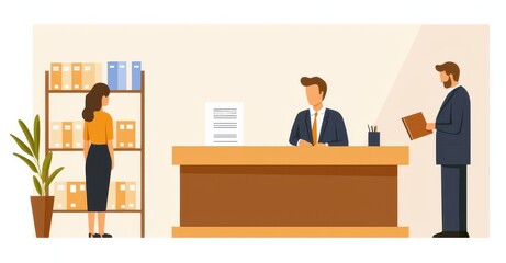 A modern office reception scene featuring a female visitor, a receptionist, and a man reviewing documents by a desk, complemented by shelves and greenery.