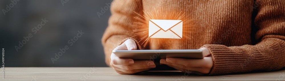 Aufkleber a person in a cozy sweater holds a tablet displaying a glowing email icon, symbolizing digital commu