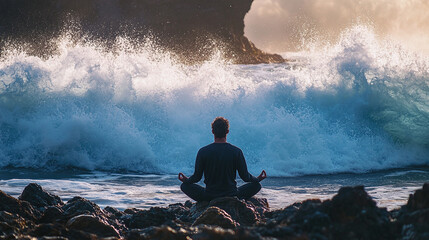 Obraz premium A man meditating on a rocky beach, surrounded by crashing waves, symbolizing peace and self-reflection