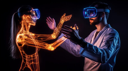 Two people wearing futuristic VR goggles testing or playing with cutting-edge, vibrant holographic virtual reality technology developed for the gaming and entertainment industry or medical science