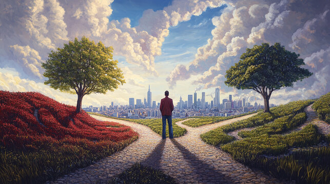 .A man standing at a crossroads, with paths leading to urban and rural landscapes, representing choices in life
