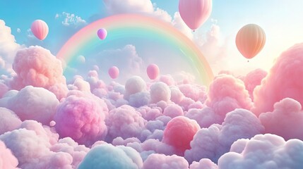 Fototapeta premium Pastel hot air balloons float above a rainbow in a dreamy, cotton candy sky.