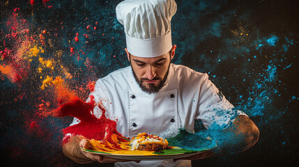 A man wearing a chef’s hat, creating a colorful dish, representing creativity and passion in cooking