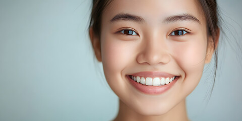 Obraz premium Close-up portrait of smiling South East Asian young adult girl with joyful expression on simple background