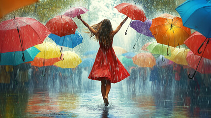 A woman dancing in the rain, with colorful umbrellas around her, symbolizing joy and resilience