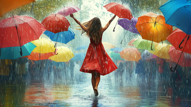 A woman dancing in the rain, with colorful umbrellas around her, symbolizing joy and resilience