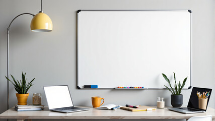 Modern Creative Workspace with Whiteboard Wall and Laptop