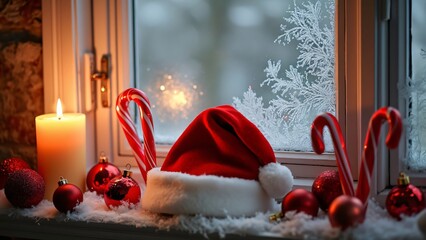 Cozy Christmas Window Sill, Santa Hat, Ornaments, Candy Canes & Candle