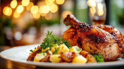 1/2 chicken with potato salad next to it and some nice small green vegetable decorations, show blured in the background a typical bavarian alm 