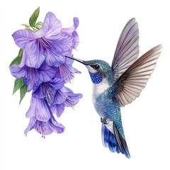 Obraz premium Hummingbird sipping nectar from vibrant purple flowers