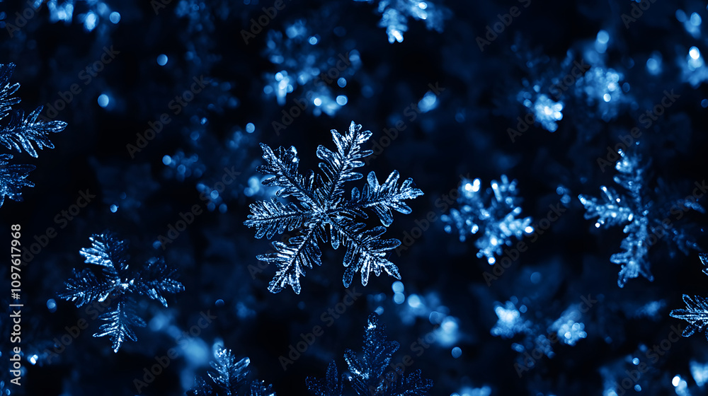 Poster a close-up image of intricate snowflakes against a dark blue background, showcasing their unique pat