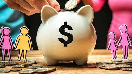 Promoting Responsible Financial Concepts: A Heartwarming Poster Featuring a Hand Adding a Coin to a Piggy Bank Surrounded by Family Cutouts and Coins – Perfect for Home or Office Decor.