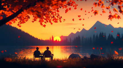 Fototapeta premium A serene sunset view over a lake, where two figures sit together, surrounded by autumn leaves and mountains, capturing a moment of tranquility and connection