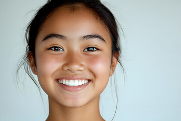 Vibrant portrait of smiling South East Asian teenager girl with joyful expression on clean background