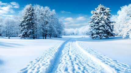 Fototapeta premium A tranquil winter landscape featuring a snowy path winding through trees under a clear blue sky