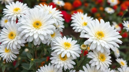 Fototapeta premium White chrysanthemum blooms with a few bright yellow accents in a garden setting, nature, serene