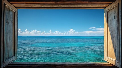 Fototapeta premium Ocean view from wooden frame tropical beach scenic landscape calm perspective