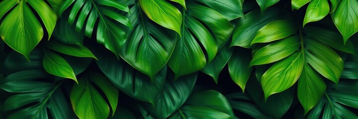 Overlapping green tropical leaves with varying shades of green on an abstract background, overlapping foliage, botanical textures, greenery