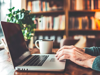 Fototapeta premium AI-Generated image of A person is typing on a laptop while holding a white coffee cup. The scene is set in a library with a large collection of books. The person appears to be focused on their work