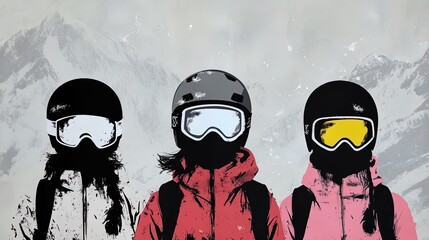 Vibrant Winter Adventure: Three Skiers in Colorful Gear Against a Snowy Mountain Backdrop - Perfect Poster for Sports Interiors or Winter-Themed Decor!