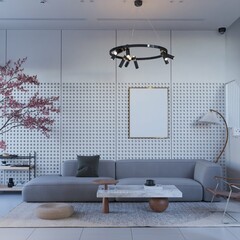 modern contemporary style of living room. there is sofa, coffee table, standing lamp, planter, decorations and poster framed mock up. 3d illustration