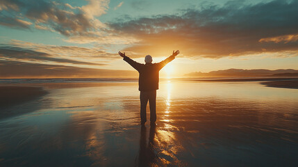 An elder standing on a beach at sunset, arms raised in celebration, symbolizing freedom and acceptance