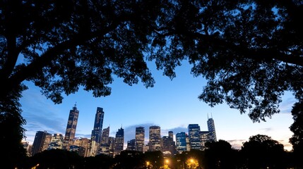Fototapeta premium City skyline viewed from park at twilight.