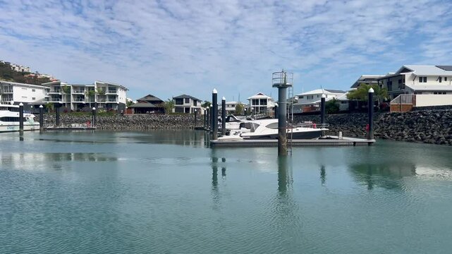 Landscape view of Shute Harbour Marina Resort in Airlie Beach in the Whitsundays tropical north Queensland, Australia.