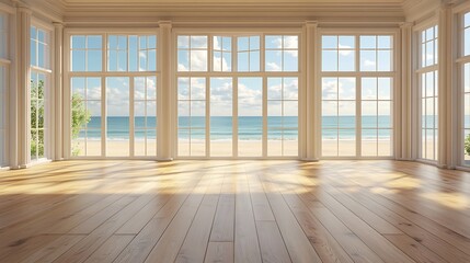 Obraz premium Beachfront view modern home interior design coastal bright serenity