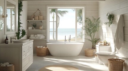 Relaxing bathroom oasis with ocean view coastal home interior design