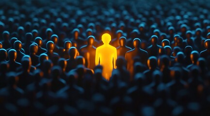 A glowing yellow figure standing out in the crowd of dark people, symbolizing individuality and importance among many others