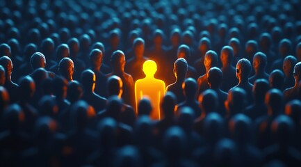 Obraz premium A glowing yellow figure standing out in the crowd of dark people, symbolizing individuality and importance among many others
