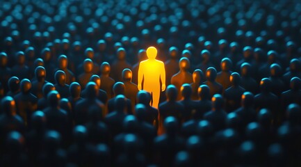 Obraz premium A glowing yellow figure standing out in the crowd of dark people, symbolizing individuality and importance among many others