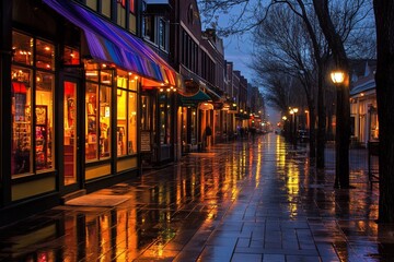 Fototapeta premium Wet city street at night, reflecting lights from shops.