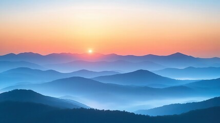 Fototapeta premium A peaceful sunrise over a misty mountain range, soft pastel tones with a gradient sky transitioning from light peach to pale blue, ample negative space for text.