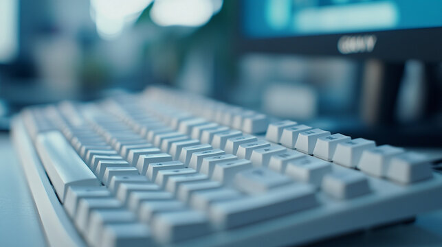 Keyboard close-up on a desk with a blurred computer screen in a modern workspace