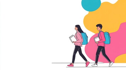 Group of students with books walking together to school in continuous line drawing flat design