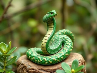Fototapeta premium Jungle exoticism: bright tropical green snake lying on a tree stump. Symbol of 2025 