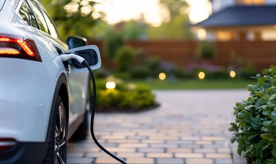 White electric car charging at home.