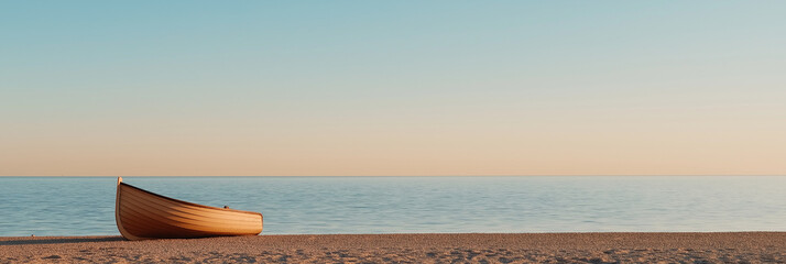Fototapeta premium A lone boat rests on a serene sandy beach, facing the calm, expansive ocean under a clear blue sky, evoking a sense of peace and solitude.