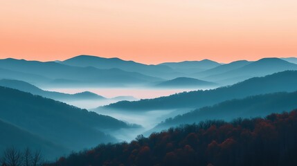 Obraz premium A peaceful sunrise over a misty mountain range, soft pastel tones with a gradient sky transitioning from light peach to pale blue, ample negative space for text.