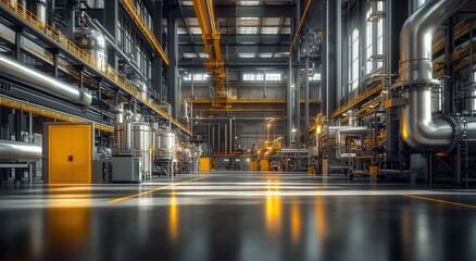 Fototapeta premium A modern factory floor with high-tech machinery and a large central composition, portraying the advanced technology of an industrial facility.