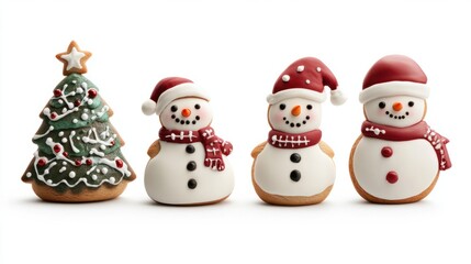 Christmas cookies, snowman, X'mas tree, gingerbread isolated on white background with clipping path for Xmas party holiday homemade. food design decoration template
