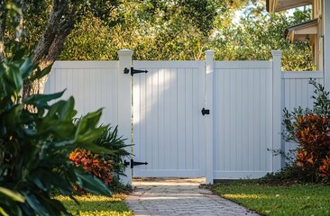 A white vinyl fence with multiple gate posts and a single door, set against the backdrop of an outdoor home in Florida.