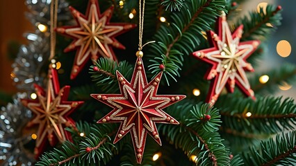 Elegant Red & Gold Star Christmas Tree Ornaments