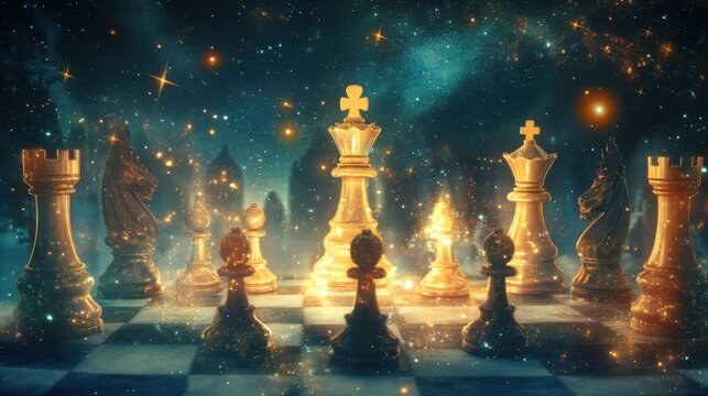 An ethereal chessboard with glowing political pieces illuminated by starlight in a mystical atmosphere - Powered by Adobe